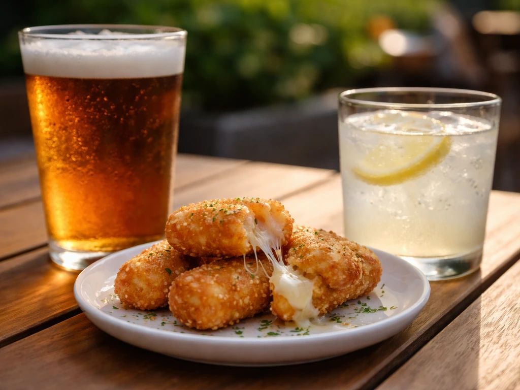 Close-up of cheesy pub bricks and two patio drinks on a wooden table