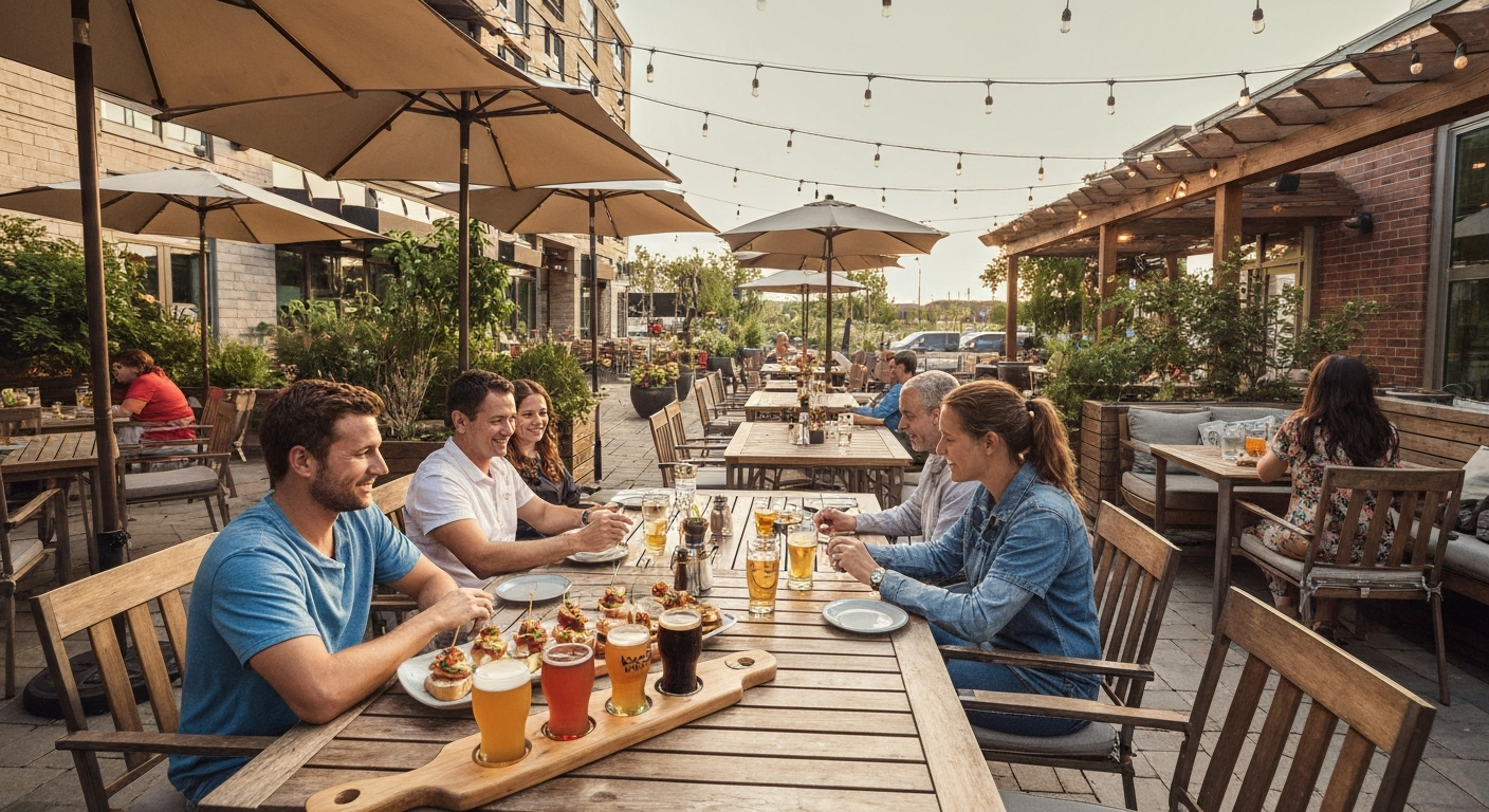 Wide shot of a lively outdoor patio at golden hour with people sharing tapas plates and a craft beer flight under string lights and shade structures.