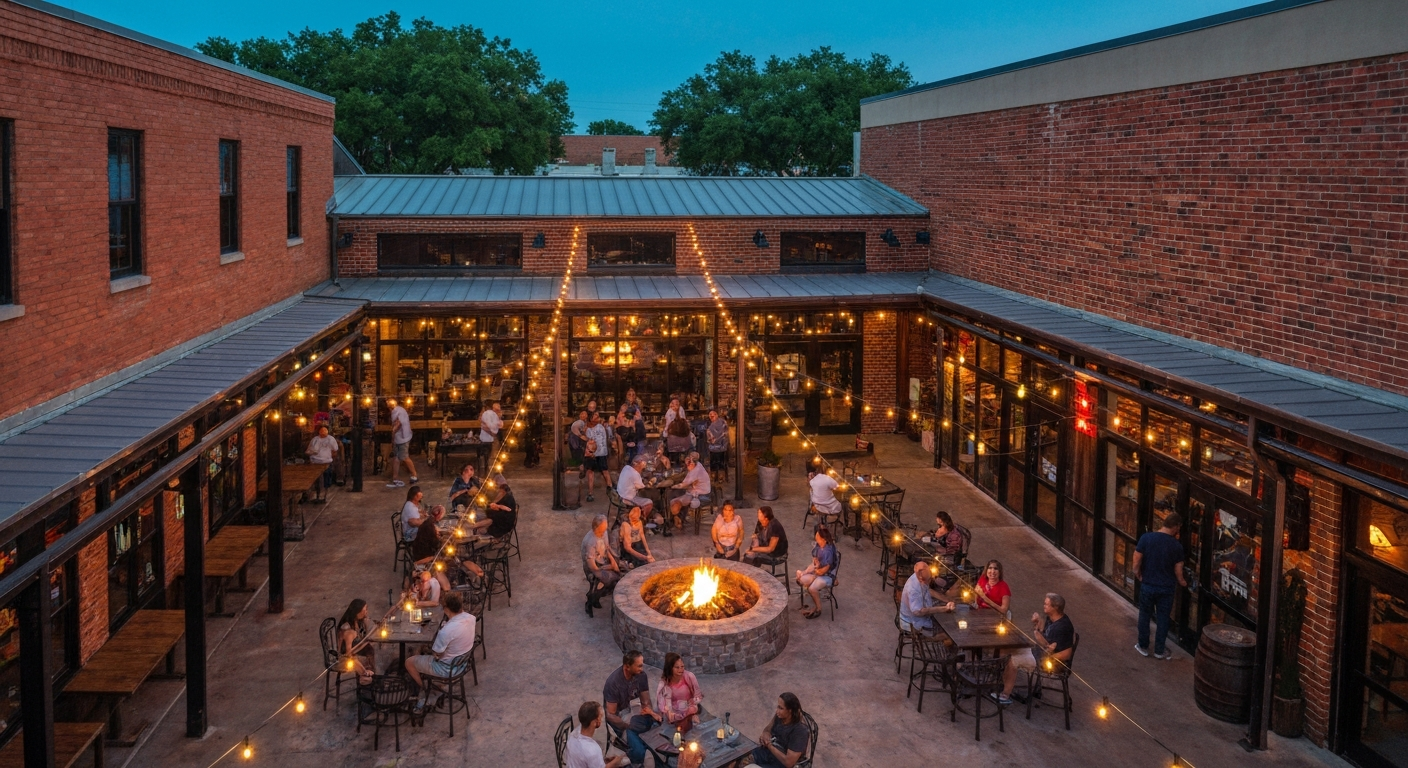 Exterior evening view of Pour Haus Patio Bar courtyard with fire pit and string lights