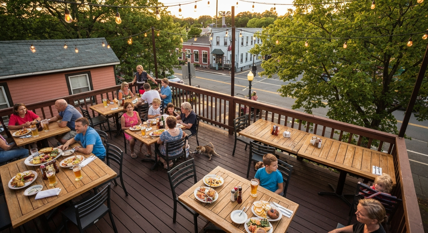 Golden-hour view of a wooden top-deck patio with string lights, diners and a dog, plates of bar food and glasses of beer, overlooking a small-town street.