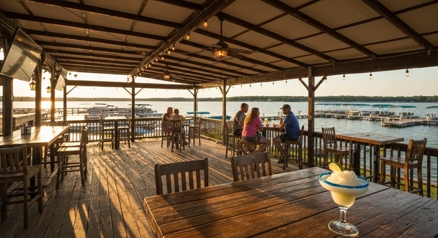 Covered lakeside patio at golden hour with frozen margarita in foreground and marina/boats visible on Lake Texoma in the background.