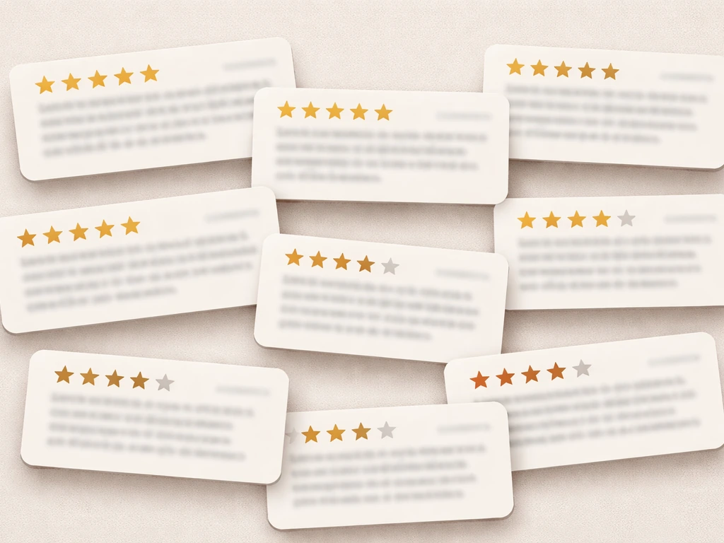 Collage of blurred online review cards and star ratings showing mostly positive sentiment