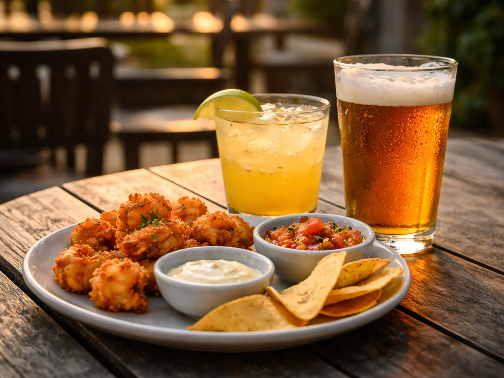 Close-up of patio bar bites and colorful drinks on a small table setting outdoors.