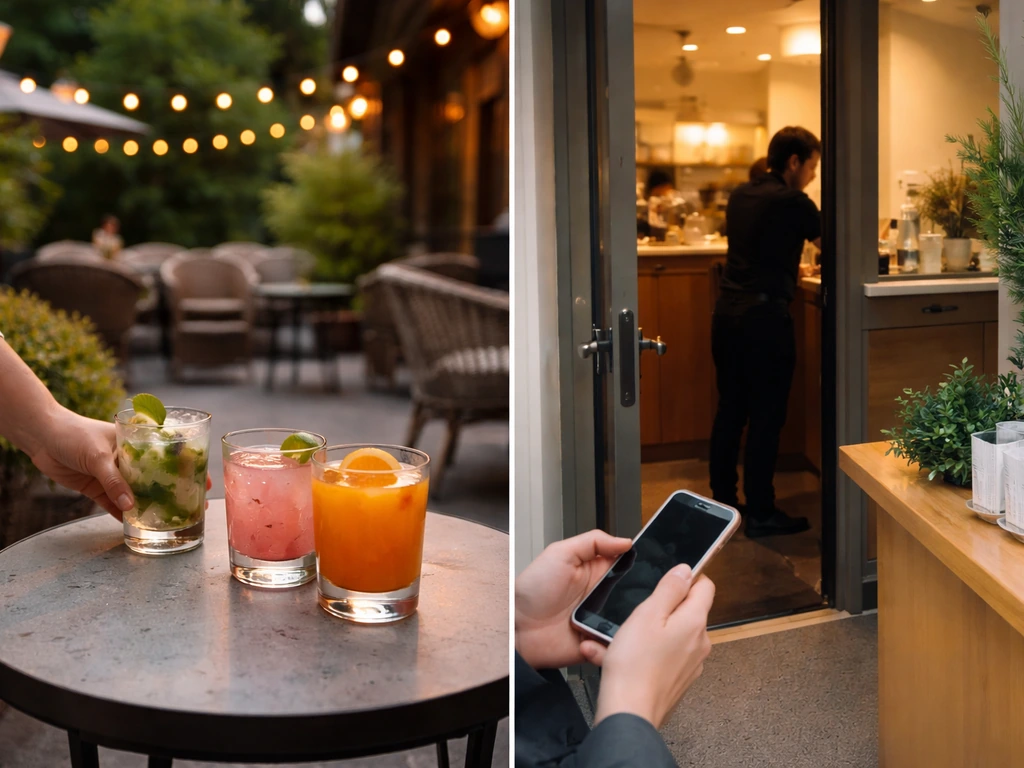 Split-style photo: a vibrant patio with fast drinks on one side, and a slightly chaotic entry/service moment on the othe