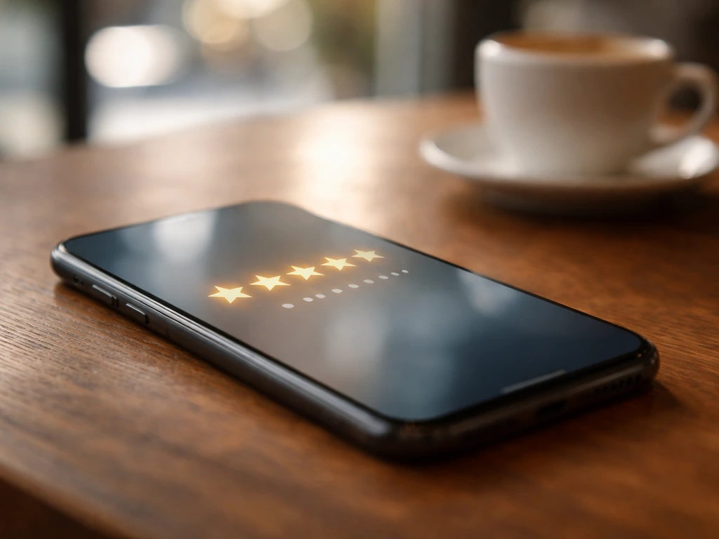 Close-up of a smartphone showing a small star rating with a tiny review count, on a quiet café table.