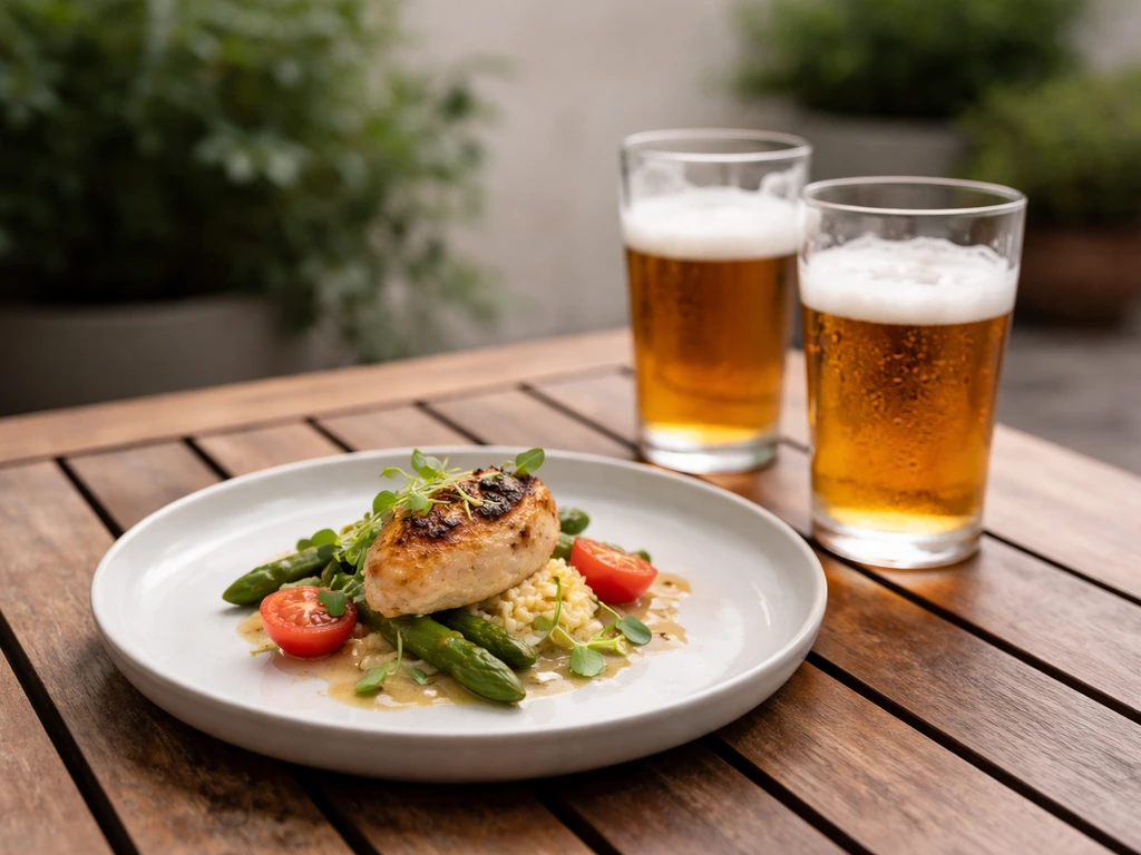 Minimal photo of a plated meal beside a couple of beer glasses on a simple patio table