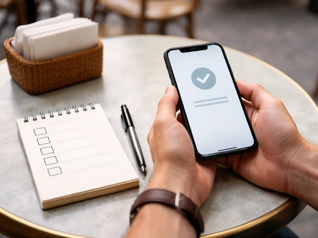 Person holding a phone with a blank checklist and a nearby notepad before a patio visit