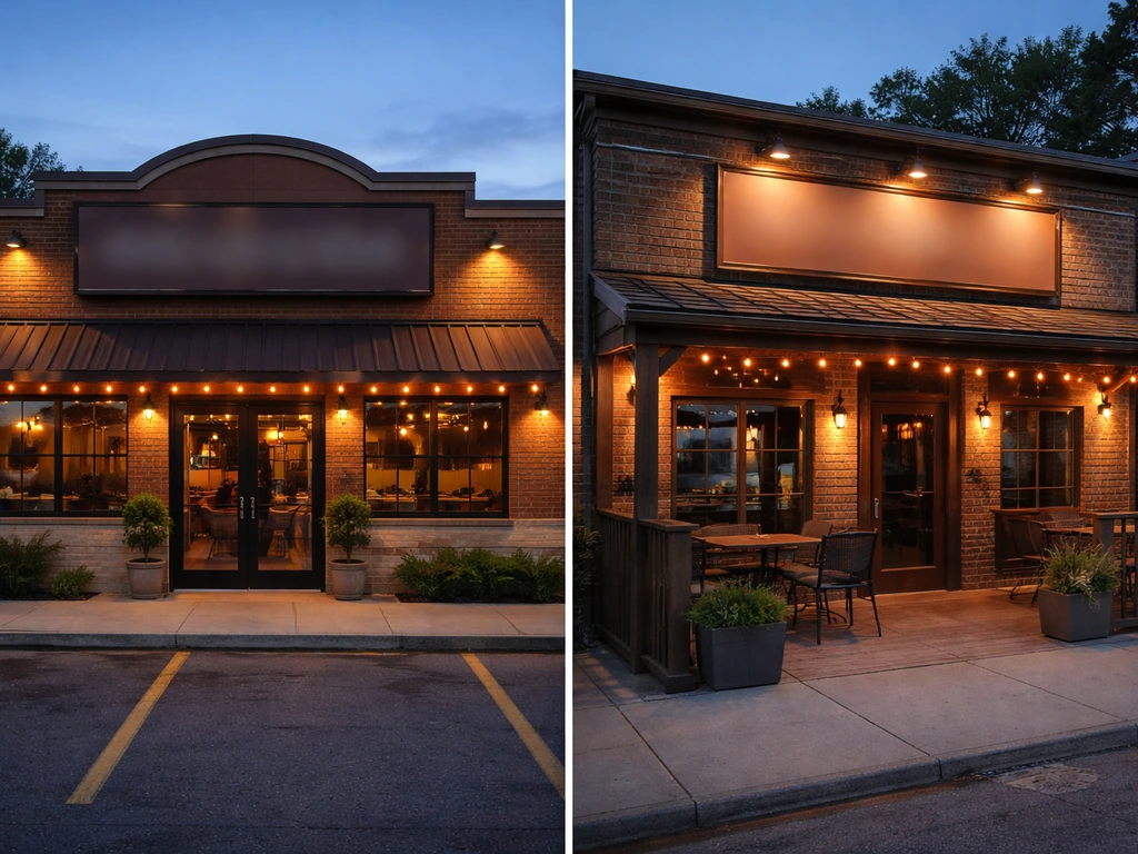 Side-by-side exterior photos: a casual pizza pub on the left and a sports bar patio on the right.