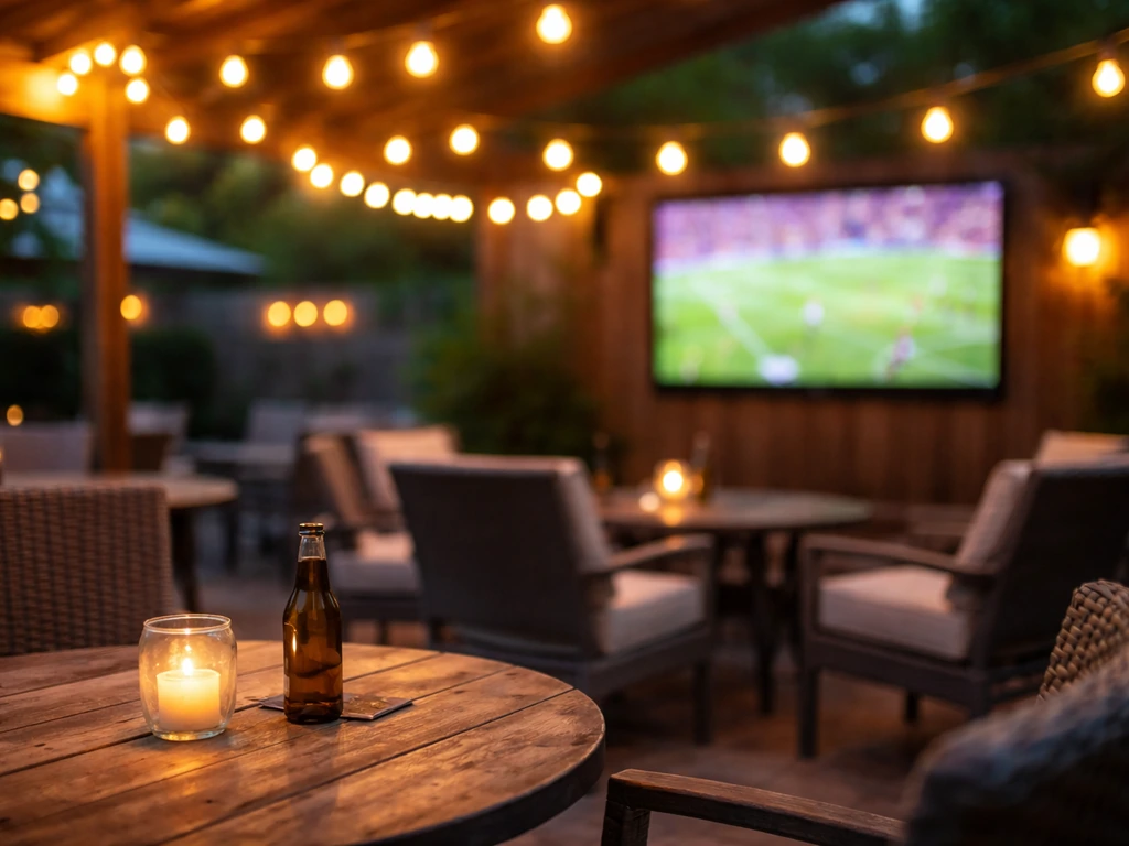 Close-up of a lively sports-viewing patio with warm string lights and TVs in the background.