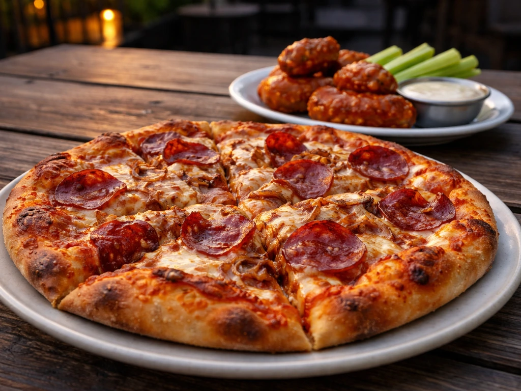 Close-up of pizza with generous toppings and a side of saucy wings on a patio table.