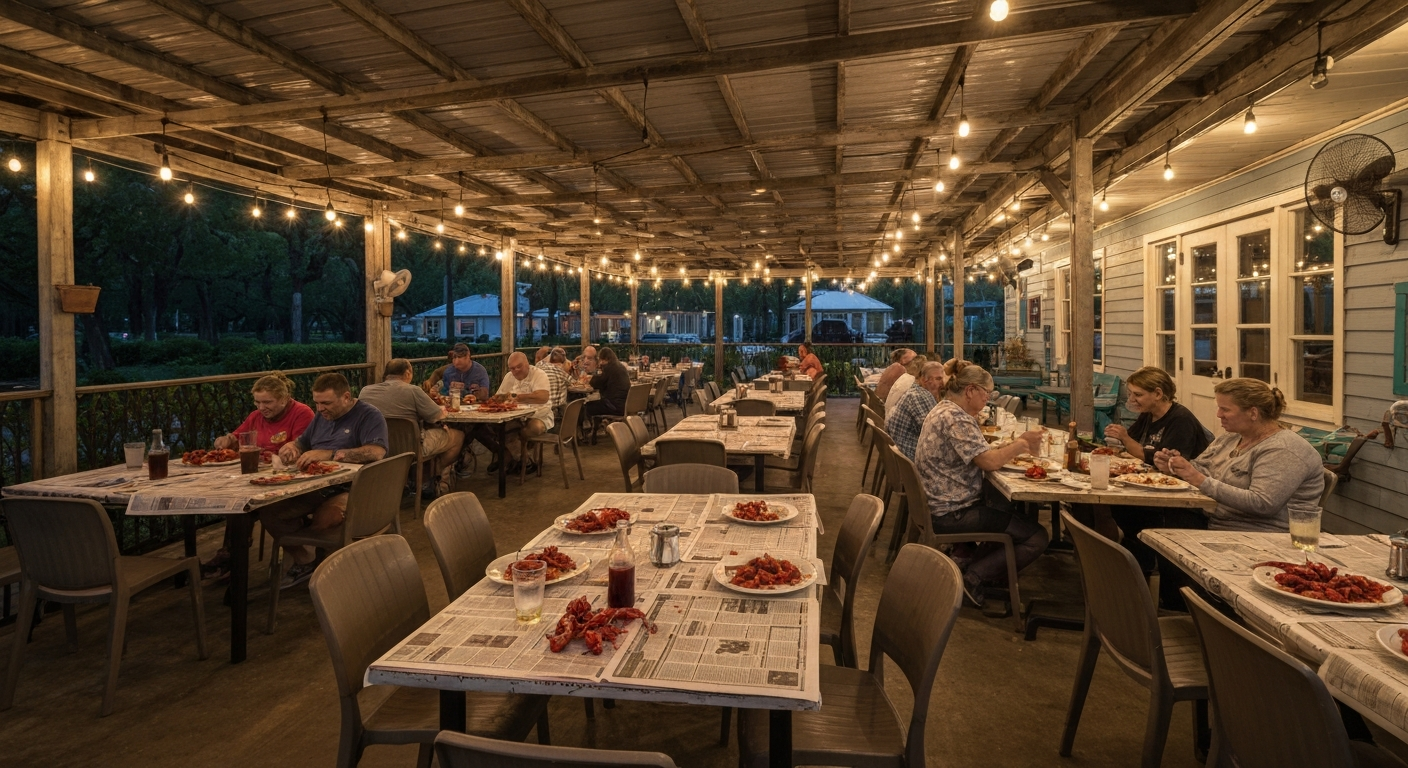 Evening shot of Richard's Seafood Patio outdoor dining area with groups enjoying boiled crawfish.
