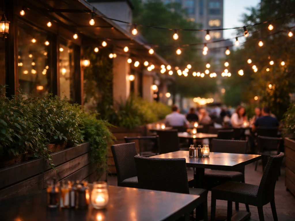 Warm string lights over an open-air patio with relaxed seating at dusk in a downtown setting.