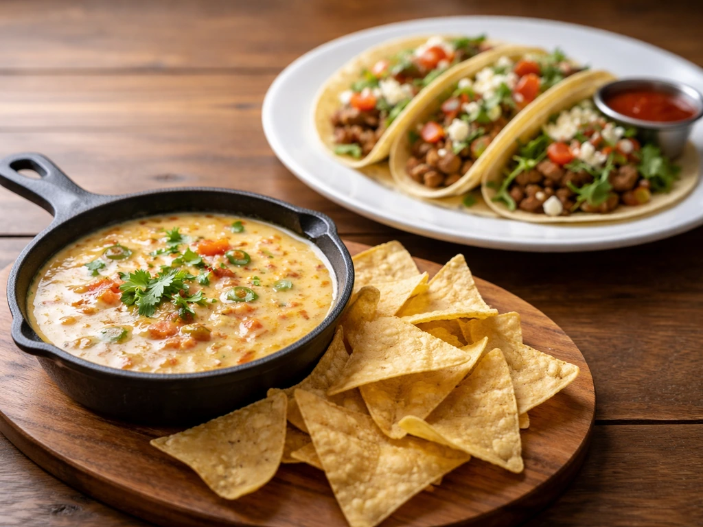 Close-up of warm queso with chips and a few small tacos on a simple table setting.