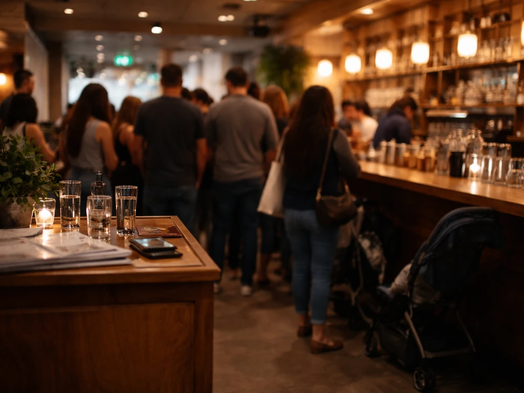 Busy restaurant entry with warm lights and indistinct diners, suggesting wait times and crowding.