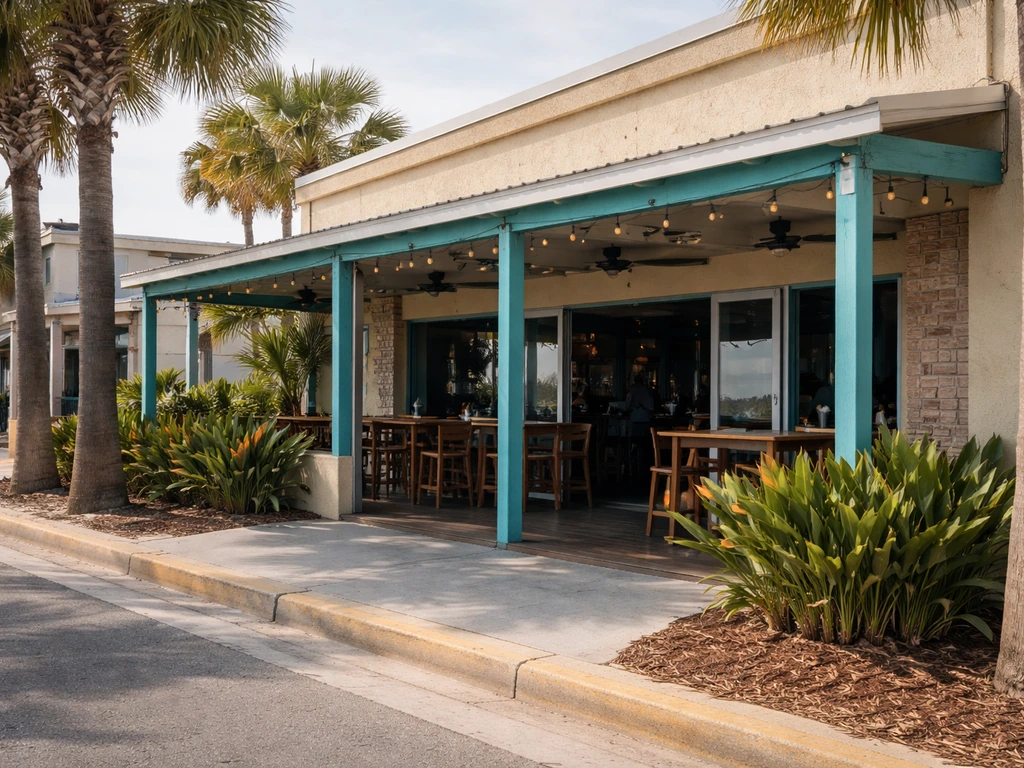Street view of a Toni & Joe’s storefront exterior with an outdoor patio, styled for confirming the right location.