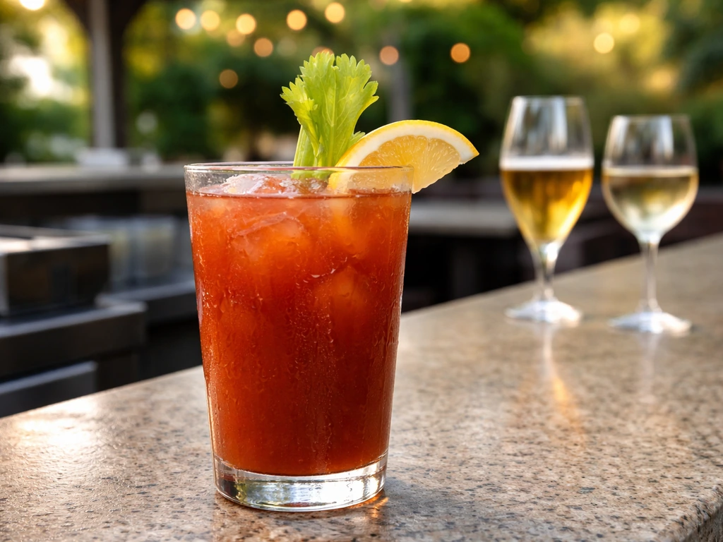 Close-up of a Bloody Mary on an outdoor bar counter with a couple beer/wine glasses in soft focus.