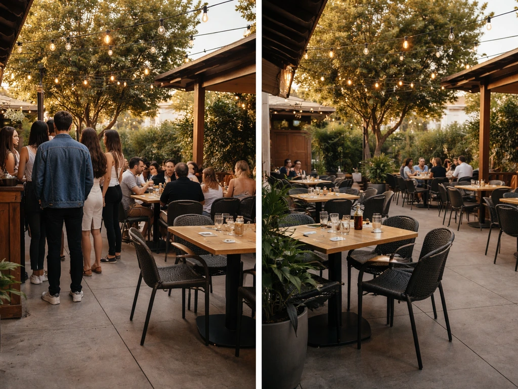 Two-panel look at an eatery patio: crowded walk-up seating on one side, calmer table area on the other
