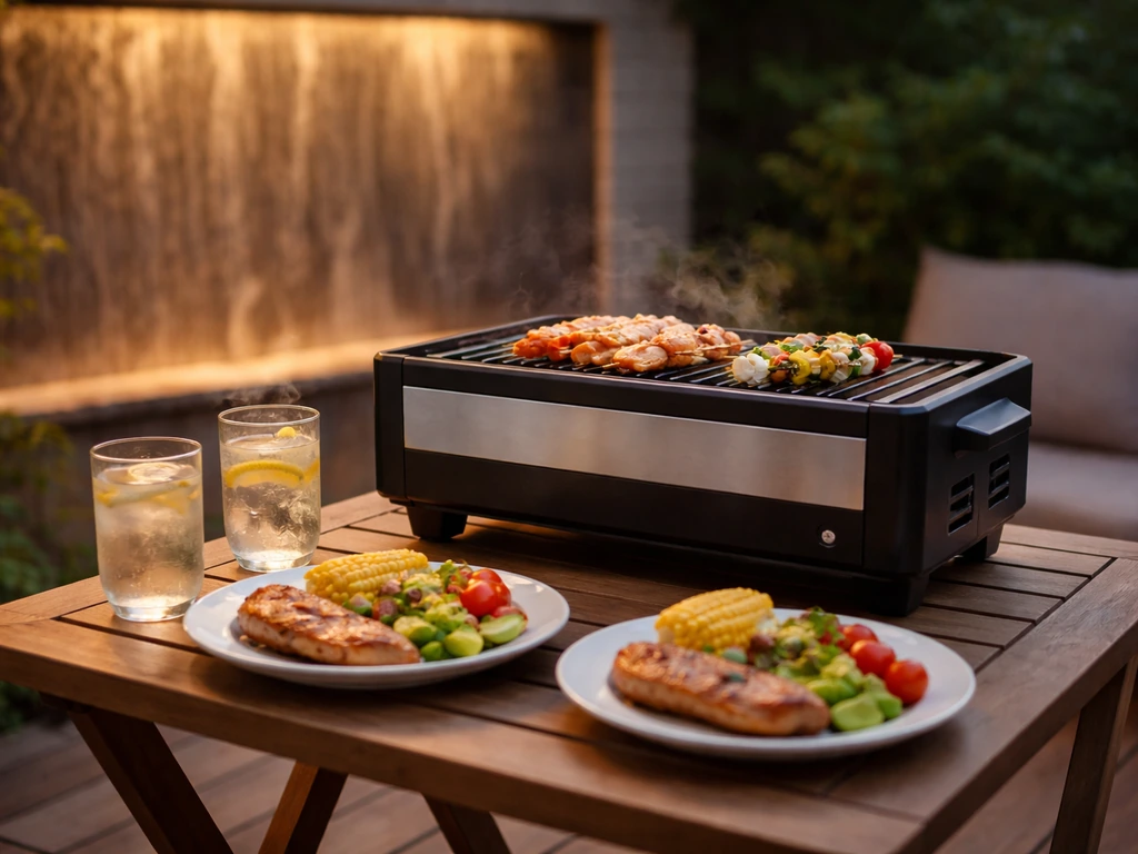 Minimal patio grill setup with plates and drinks outdoors, highlighting an inviting casual outdoor dining mood.
