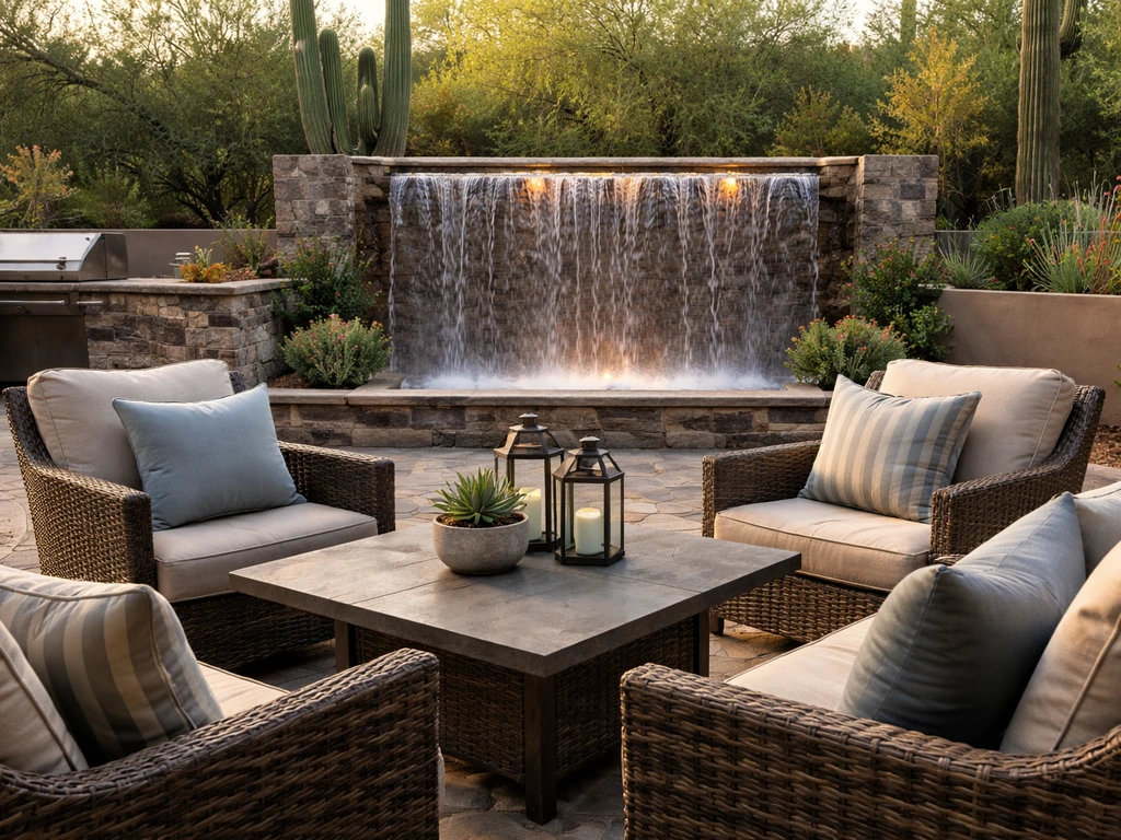 Wide view of a calm outdoor patio with cushioned seating and a waterfall wall feature in the back.