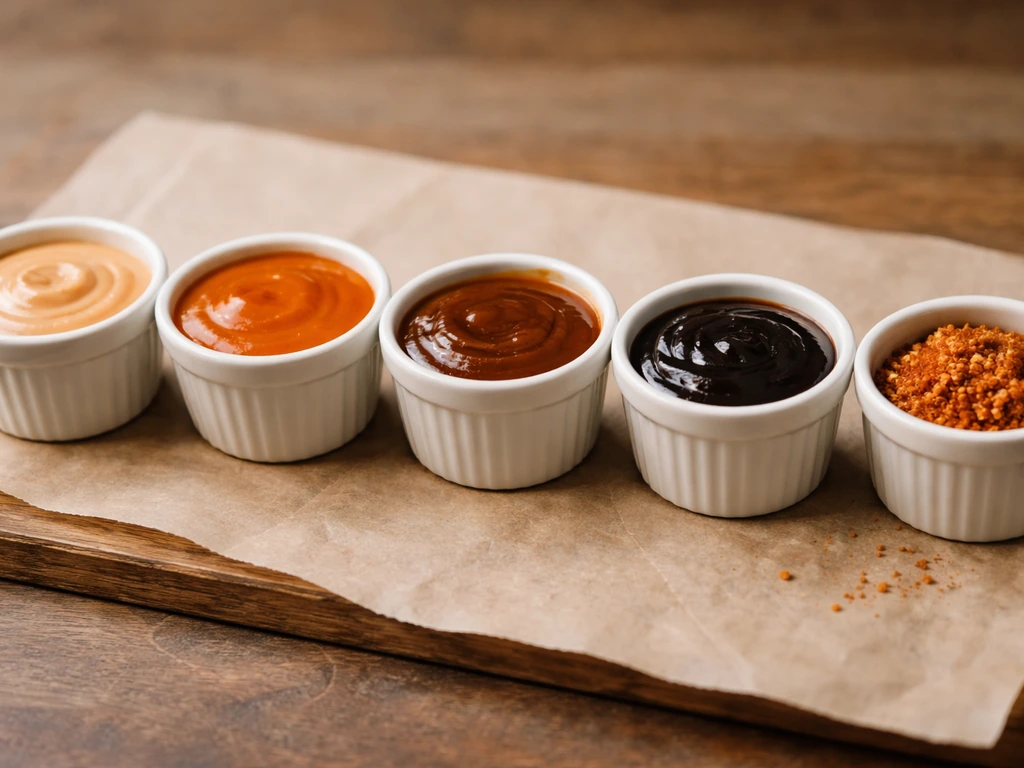 Close-up lineup of small bowls with different wing sauces, from mild to spicy and smoky rubs.