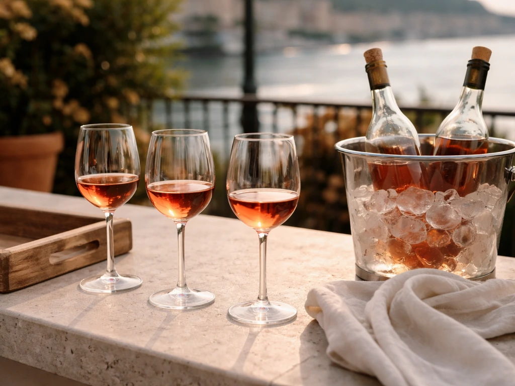 Close-up of wine glasses and chilled bottles on a simple outdoor bar-top with warm natural light.
