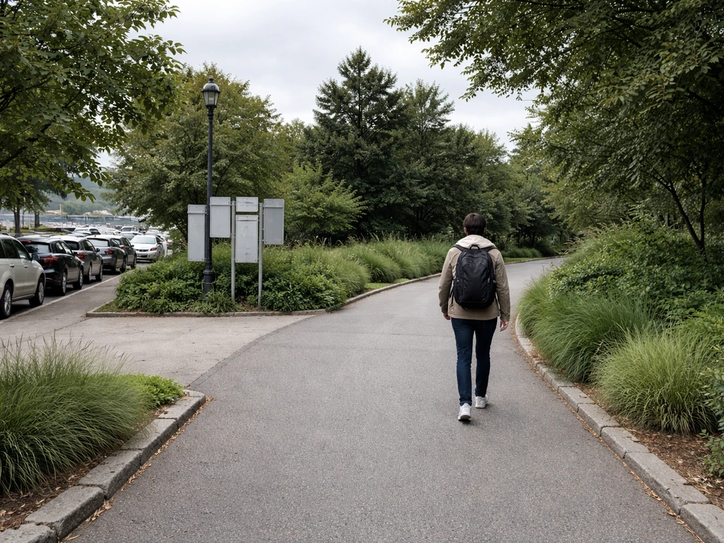 Visitor walking toward a park entrance path with clear signage and limited curbside parking nearby