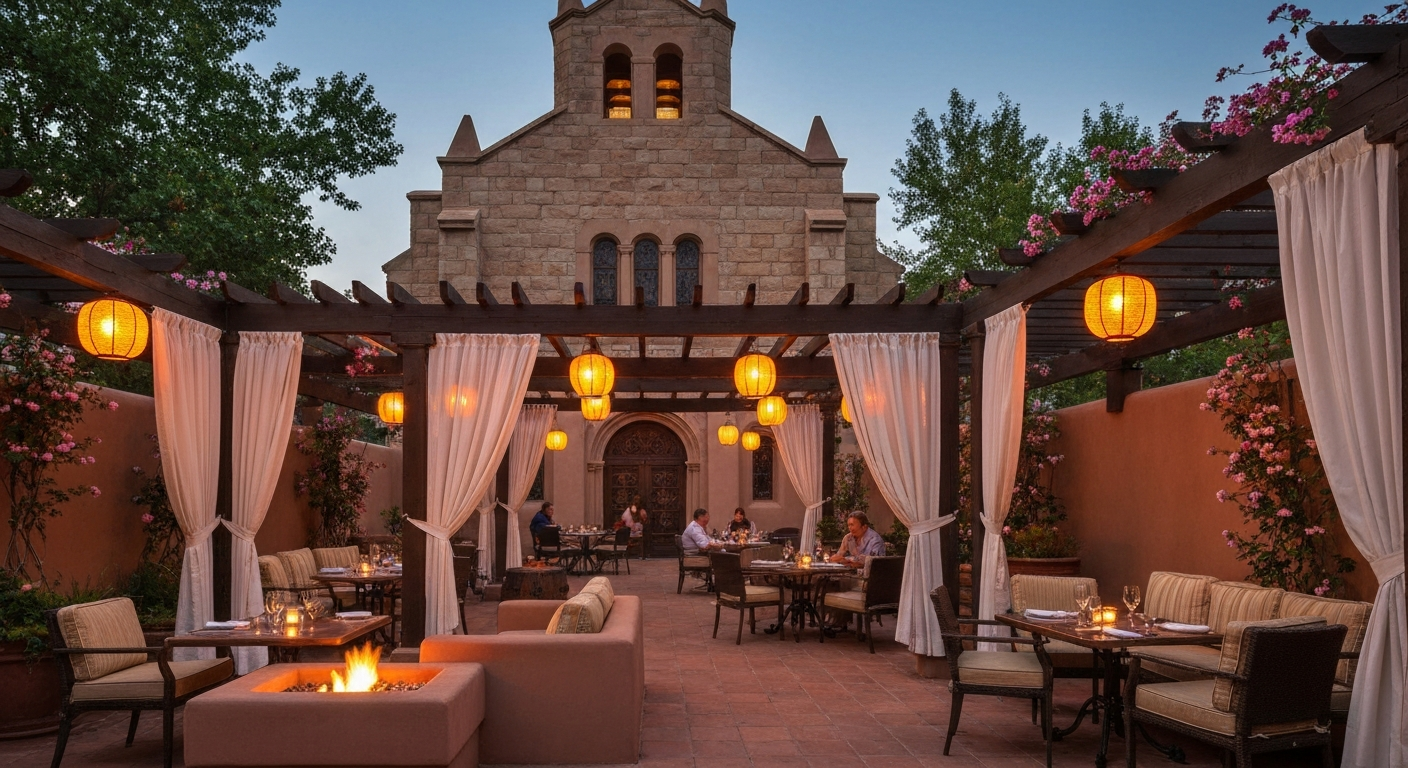 Twilight view of an atmospheric outdoor restaurant patio with hanging lanterns and the Loretto Chapel visible in the background.