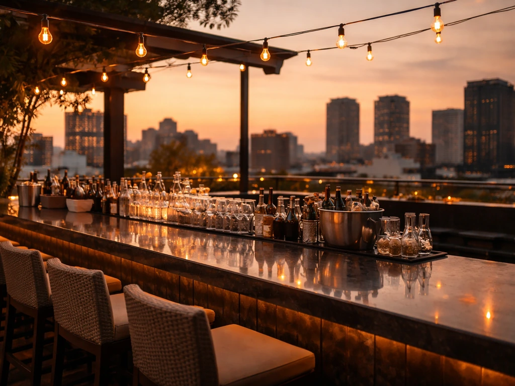 Golden-hour rooftop patio bar with a glowing bar setup and skyline views in the background.