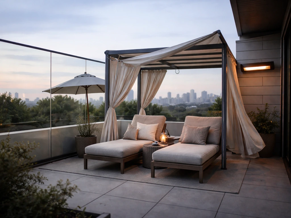 Rooftop patio with shaded lounge seating, umbrella, and heater under a canopy, wind-sheltered glass nearby.