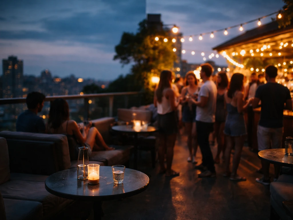 Rooftop bar at dusk split between relaxed lounge conversation and lively party energy
