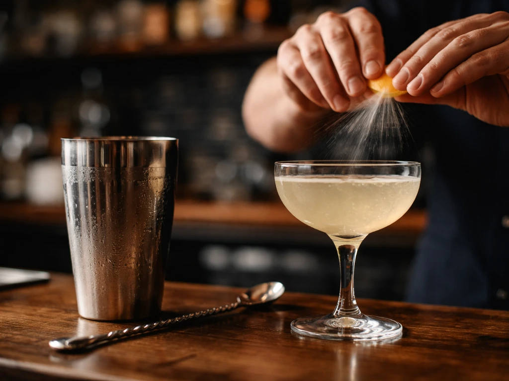 Close-up of a bartender shaking and garnishing a cocktail at a quiet bar with bottles blurred behind.