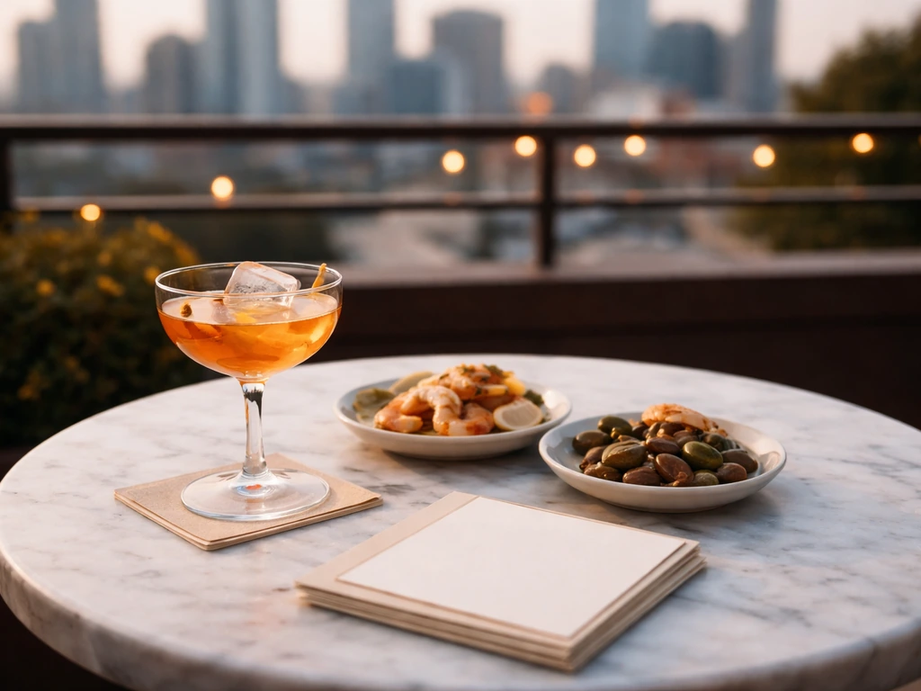 Minimal rooftop bar table with a premium cocktail and small plates, blank menus, upscale feel.