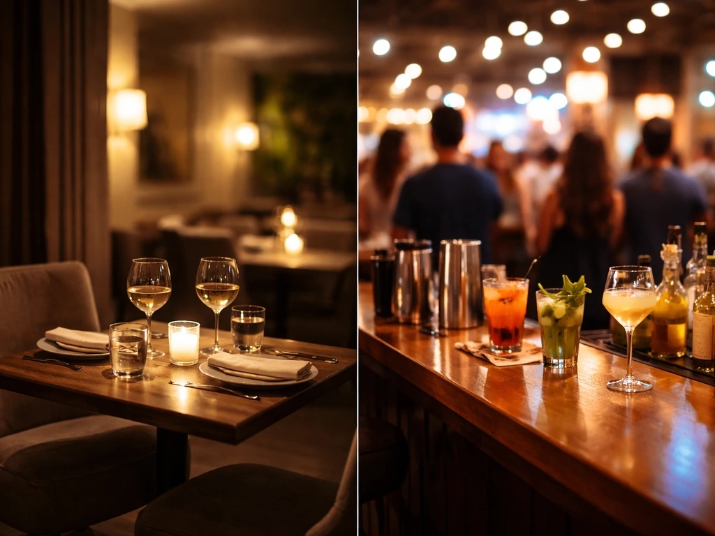 Split view of two cozy venue scenes: a quiet date-night table and a lively bar with higher noise vibe.