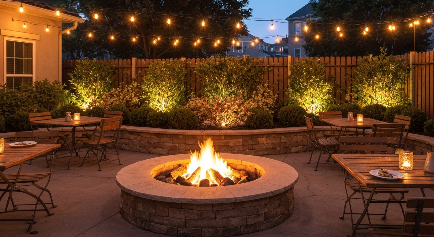 Evening patio with a lit stone fire pit, warm string lights, tables and landscaping creating an intimate, Mediterranean-style outdoor bar atmosphere.
