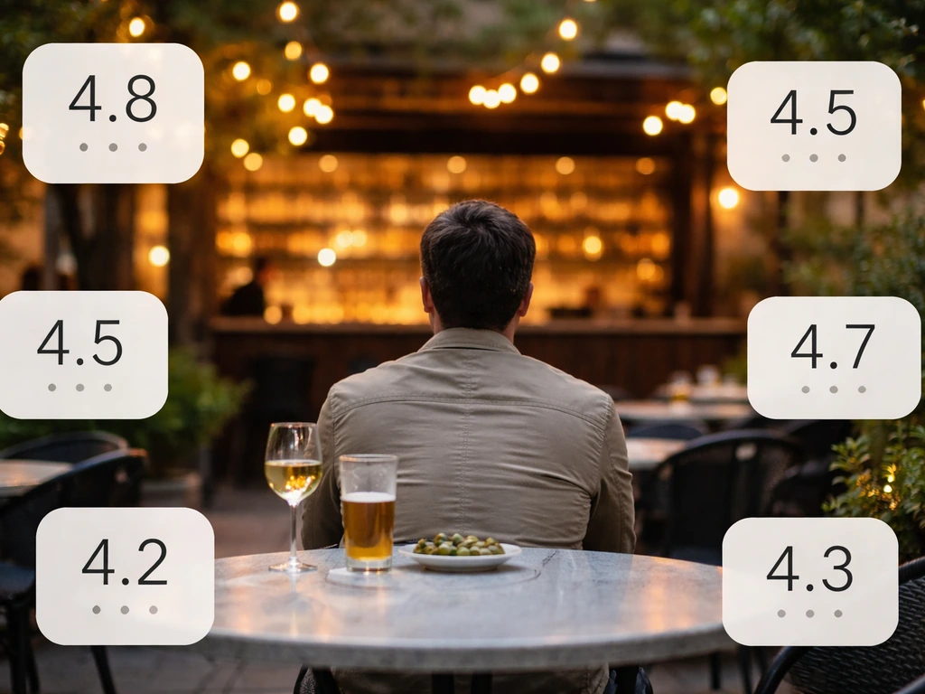 Outdoor patio dining table with soft lights and minimal rating tiles showing only numbers.