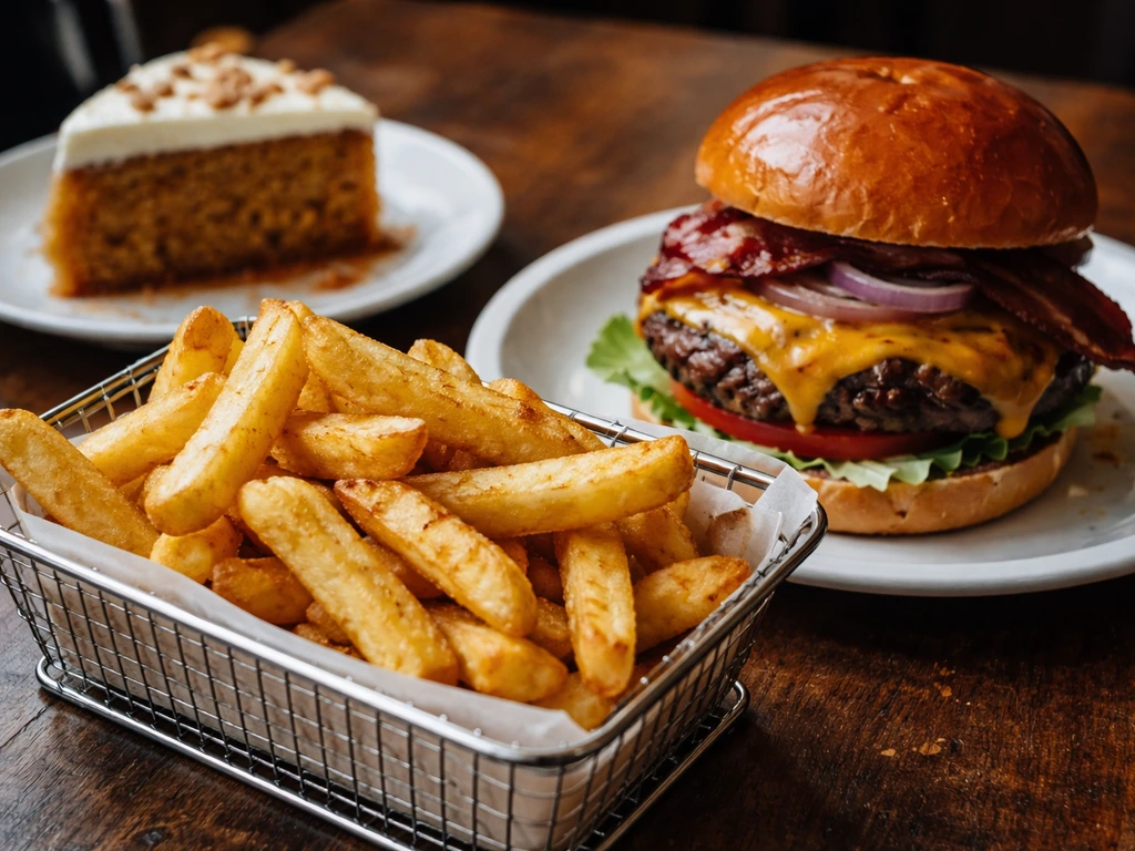 Close-up of thick-cut fries, a cheeseburger, and a carrot cake slice on a wooden table.