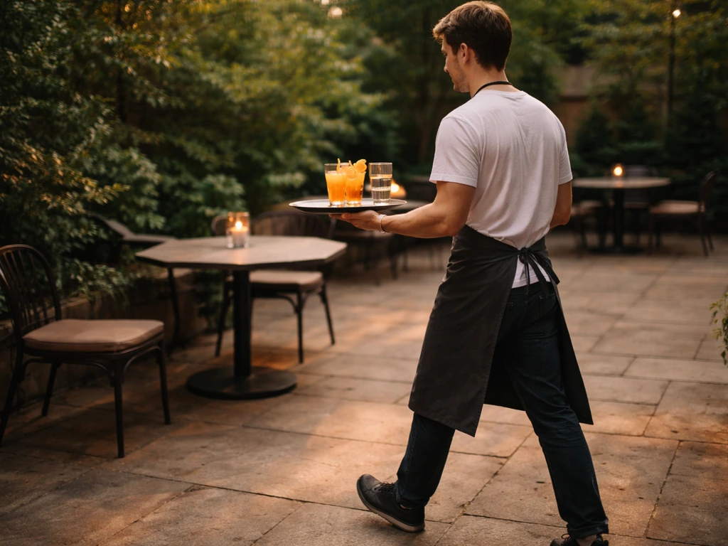 Server carrying a tray of drinks across a quiet restaurant patio toward a table