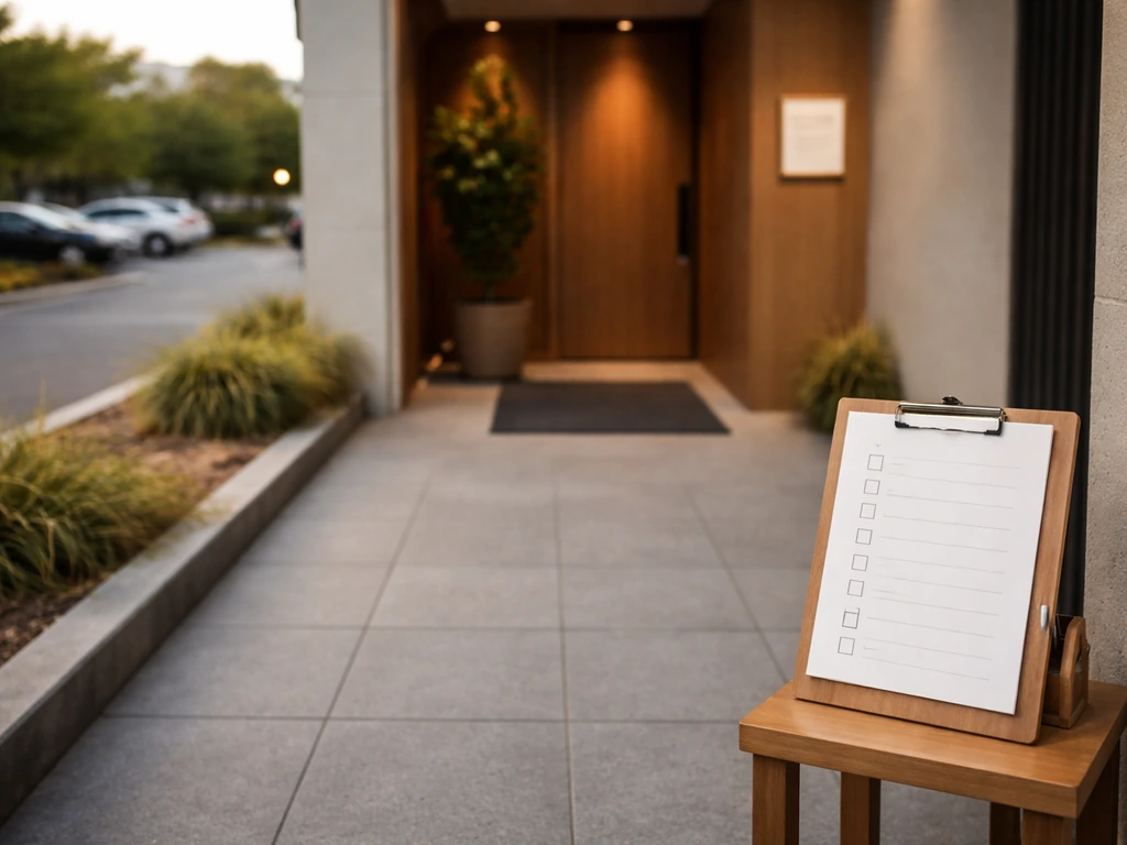 Minimal restaurant entrance with blank reservation cue sign and a paper checklist beside a parking reference area.