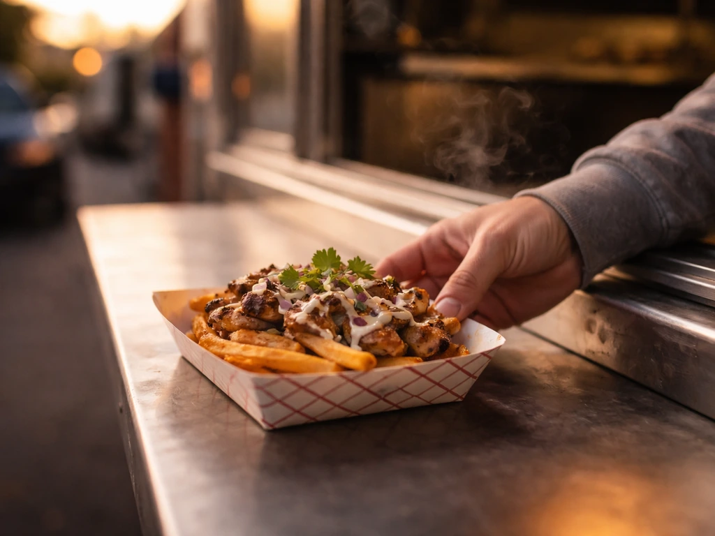 Hand slides a paper-lined tray of a food-truck meal from a service window onto a counter.