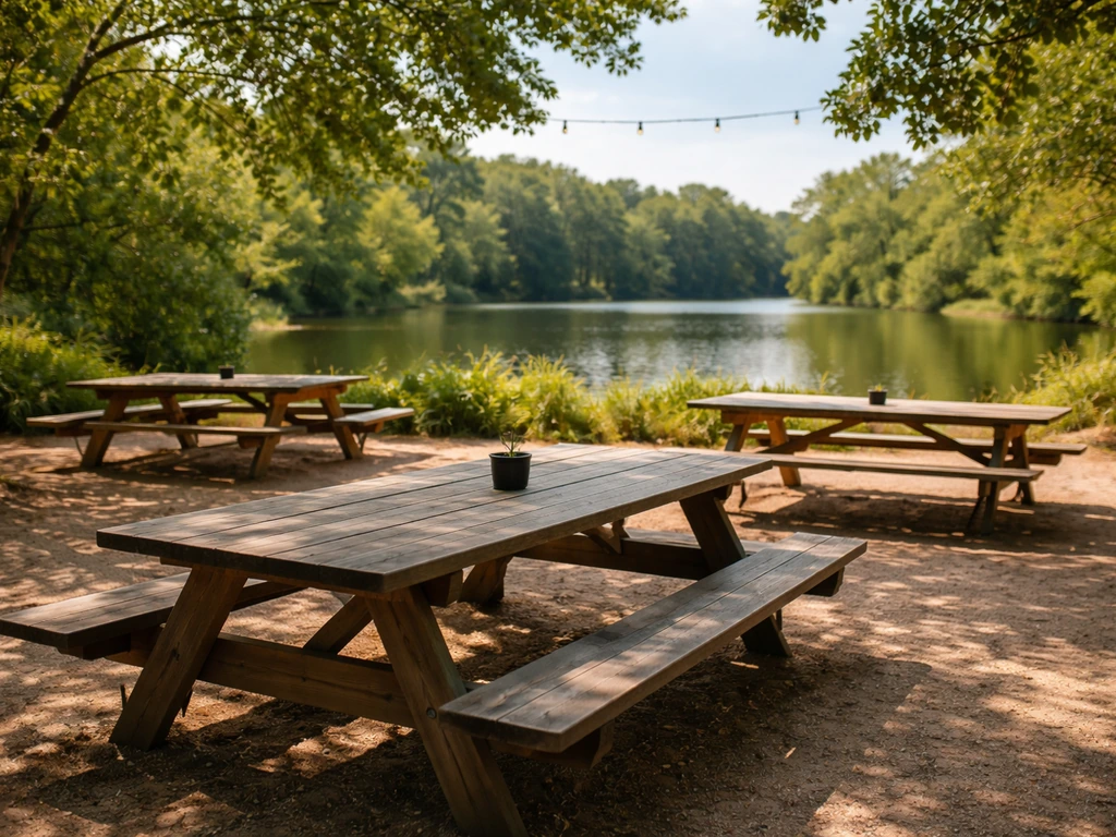 Open-sky patio with picnic benches, trees, and a pond creating a relaxed shore-bar vibe