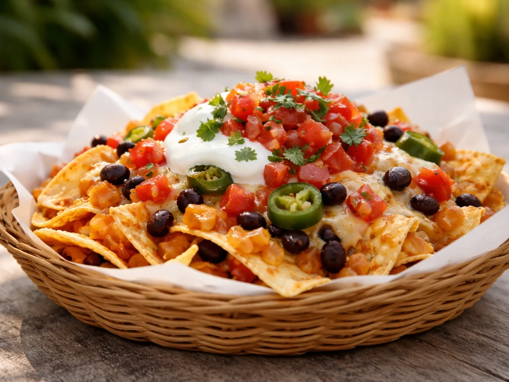 Close-up of loaded, crisp nachos on a casual patio table with a warm, inviting atmosphere.