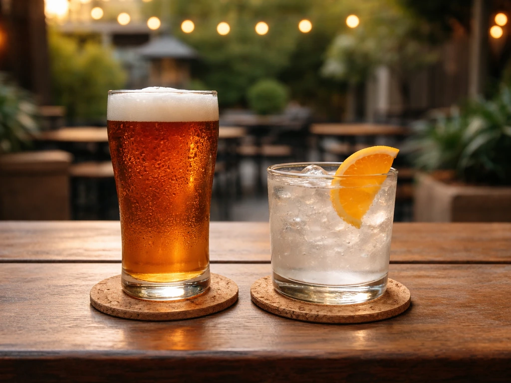 Two drinks on a wooden bar top: a craft beer pour and a citrus cocktail with happy-hour ambiance.