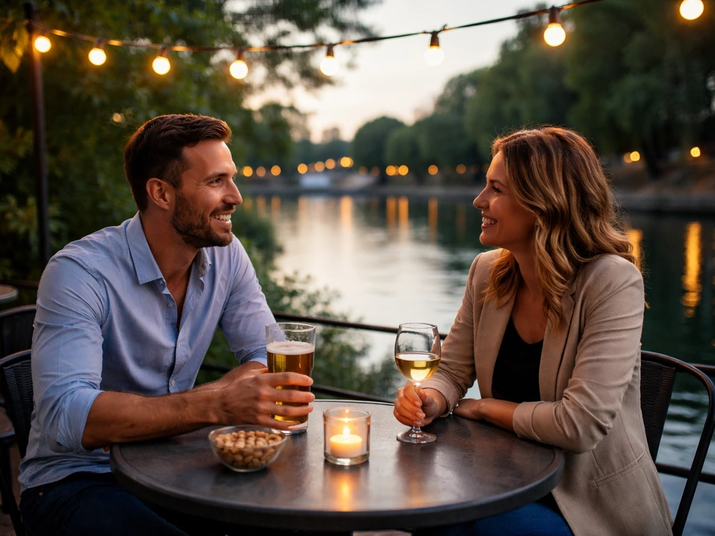 Couple toasting drinks on a warm-lit riverside patio during early evening happy hour