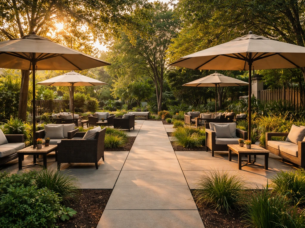 Two separate outdoor patio areas with spaced seating and shade umbrellas, warm natural light.