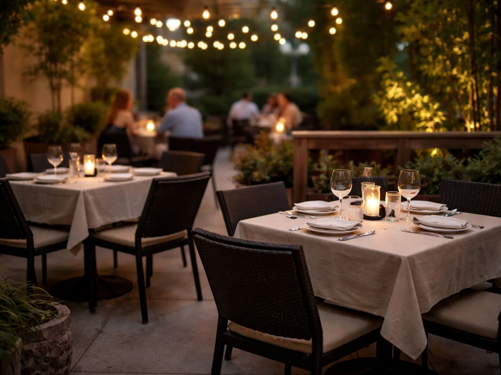 Quiet restaurant patio at night with spaced tables for two and a relaxed date-night vibe.