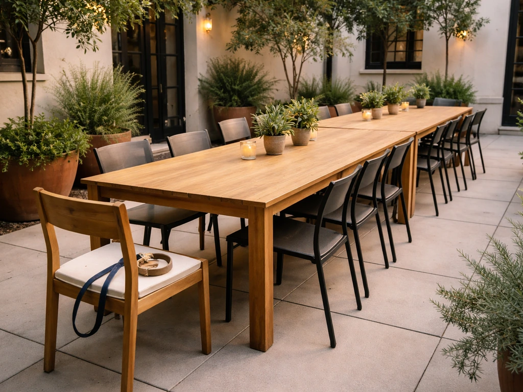 Empty patio with a long table for groups and a dog leash/collar on a nearby chair.