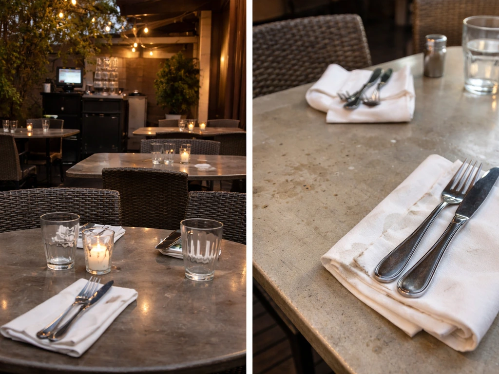Restaurant patio with an empty server station and, beside it, a close-up of a possibly unclean table setting.