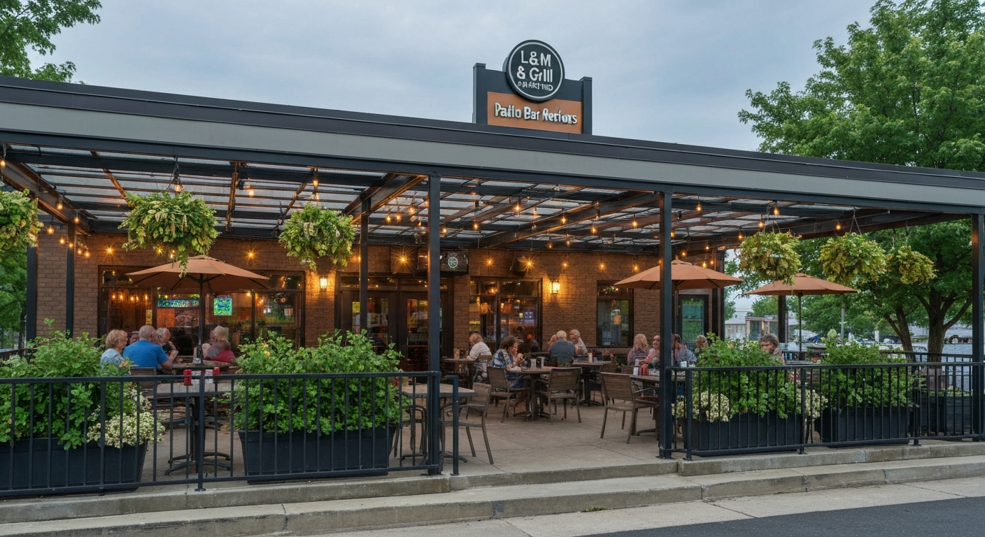 Exterior view of L & M Bar & Grill & Patio in Dundas, MN with covered, greenery-filled patio