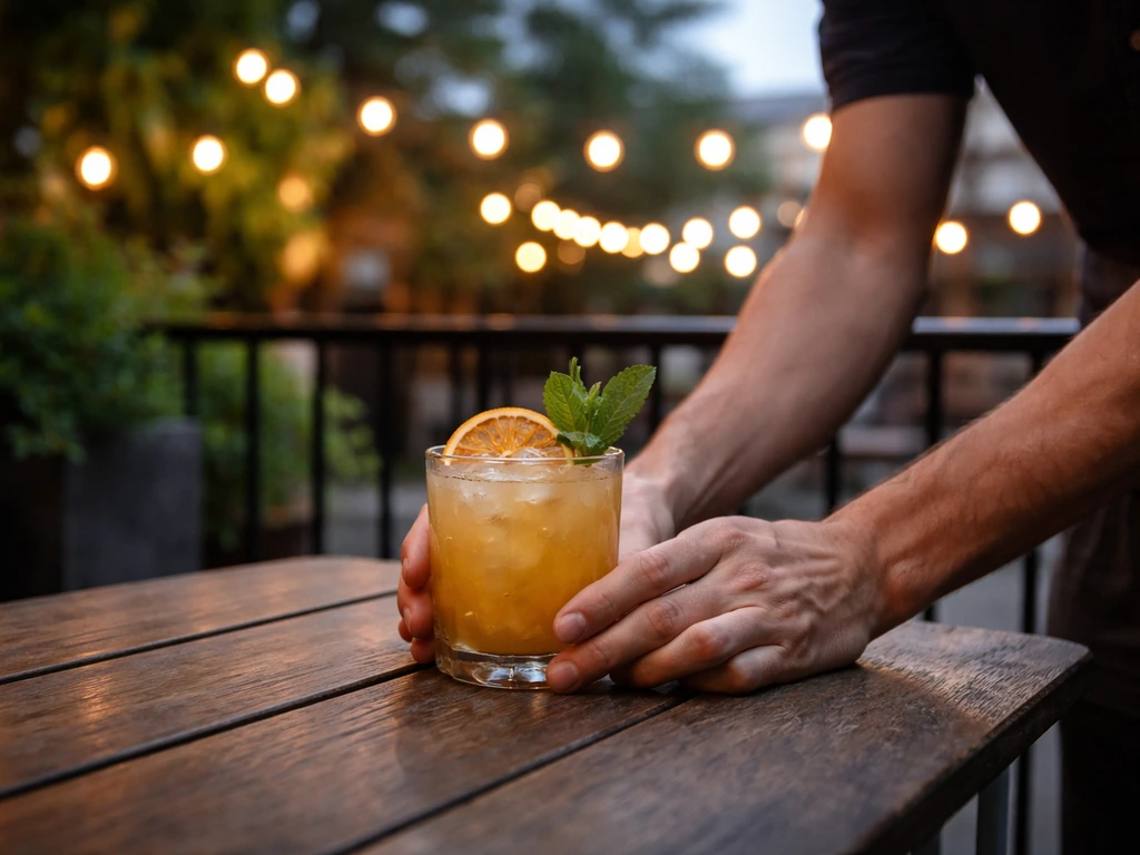 Minimal photo of a cozy Houston patio bar setting with an anonymous cocktail and warm lights suggesting high review cons