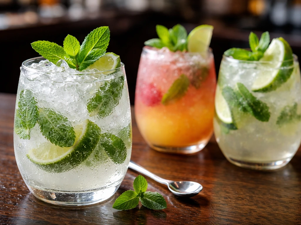 Close-up of a frozen mojito with crushed ice and mint, beside a couple colorful garnished cocktails on a bar.